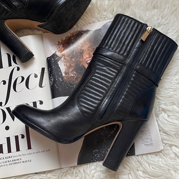 Vince Camuto 
VC Curtis Boots/Bootie 
Black Heeled Ankle Boots w/ Gold Buckle - Picture 7 of 10